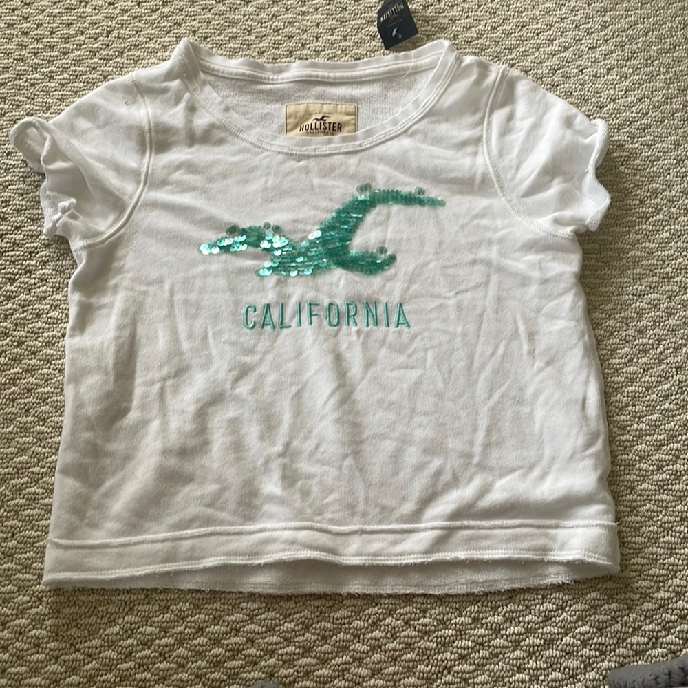 Hollister White Sweatshirt Material Short Sleeve Top with Green Sequenced Bird